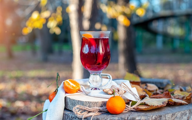 사진 유리에 뜨거운 mulled 와인 가을 공원에서 outdors 피크닉 gluhwein 뜨거운 와인