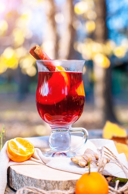 사진 유리에 뜨거운 mulled 와인 가을 공원에서 outdors 피크닉 gluhwein 뜨거운 와인