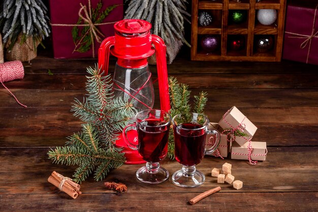 Hot mulled wine for winter and Christmas with various spices. Preparing for the Christmas holidays