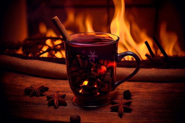 Hot mulled wine with christmas decoration at romantic fireplace Christmas or winter warming drink