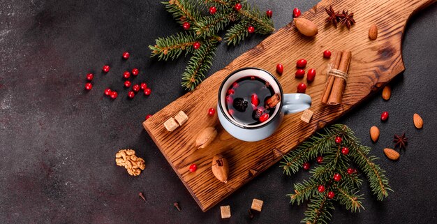 Hot mulled wine with various spices