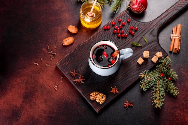 Hot mulled wine with various spices