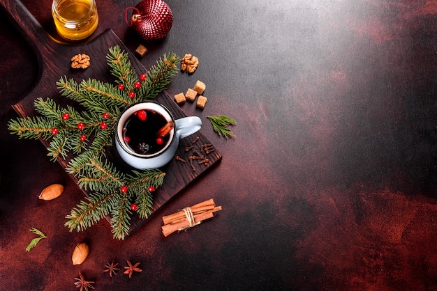 Hot mulled wine with various spices