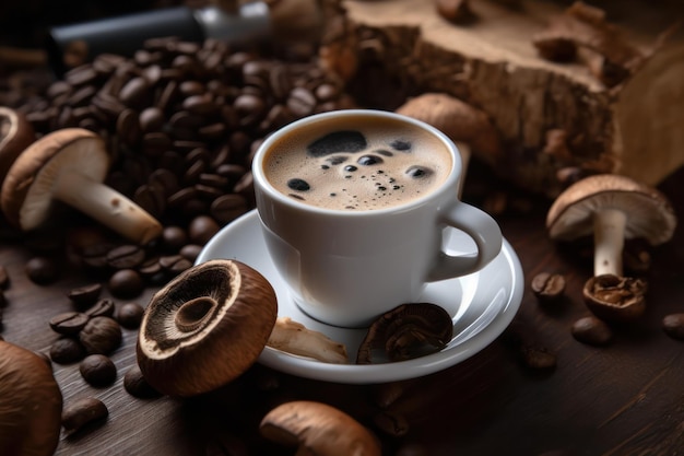 Hot mushroom coffee in white cup standing on table near scattered coffee grains and mushrooms