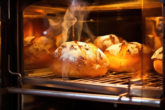 写真 ガラス越しに見える、中で焼きたてのパンが焼ける熱いオーブン