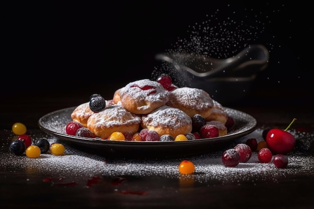 Hot pancakes with berries in powdered sugar Generative AI