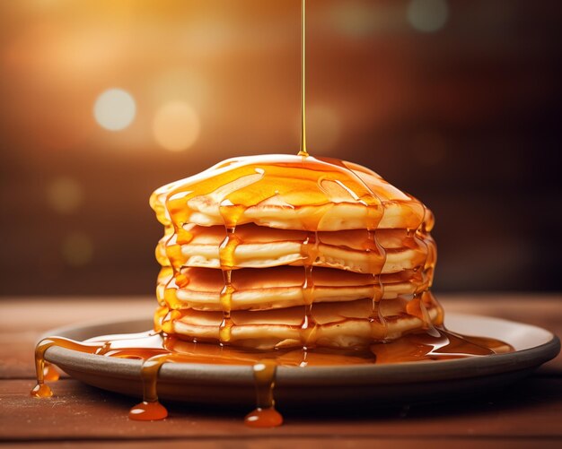 Hot pancakes with maple syrup dripping on a blurred bokeh background