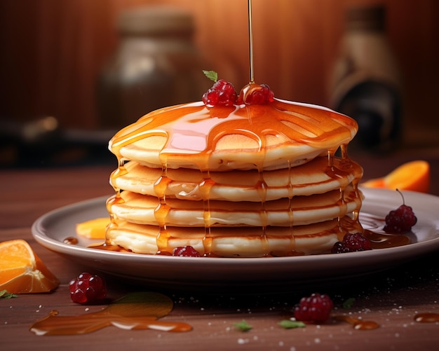 Hot pancakes with maple syrup