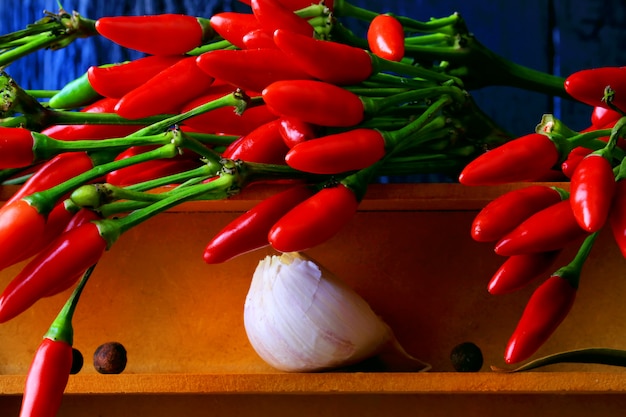 Hot pepper on a dark wooden table retro style