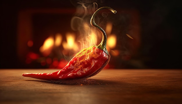 Photo a hot pepper is burning in front of a fireplace