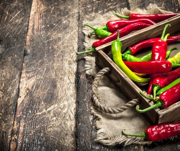 Hot pepper in an old tray.