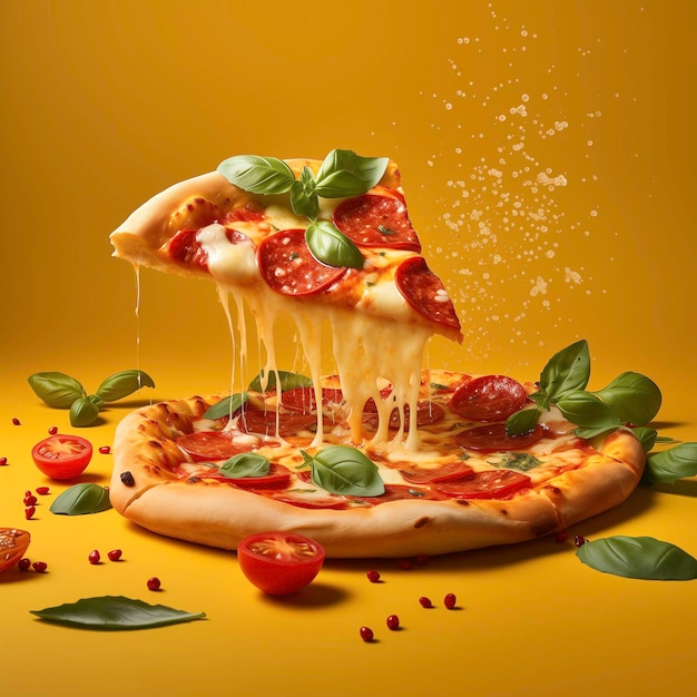 Hot piece of pepperoni pizza floating in the air on a yellow background