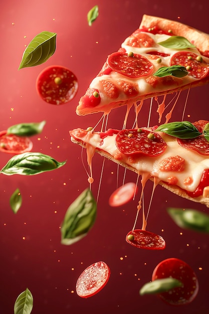 Foto un pezzo caldo di pizza al pepperoni che galleggia nell'aria su uno sfondo giallo