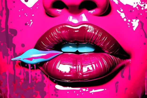 ярко-розовые губы в стиле поп-арт с блестками и яркими цветами в мультяшном стиле
