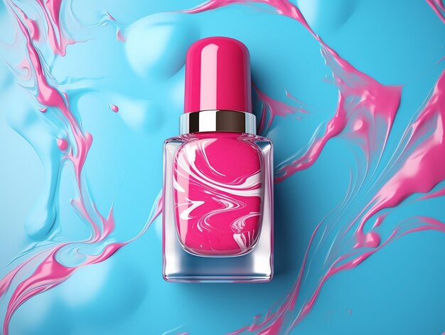 hot pink nail polish with white splash marble texture on ocean blue background generated ai