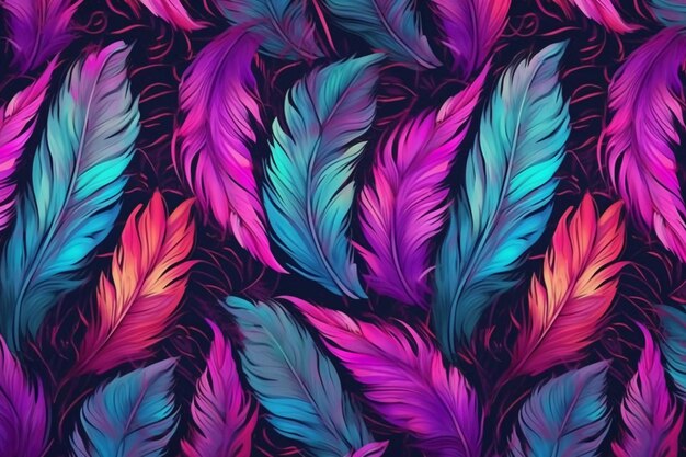 A hot pink purple and teal repeating pattern of feathers watercolor elements