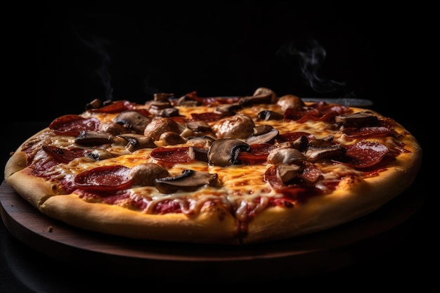 Hot pizza on a black background appetizing and irresistible generative IA