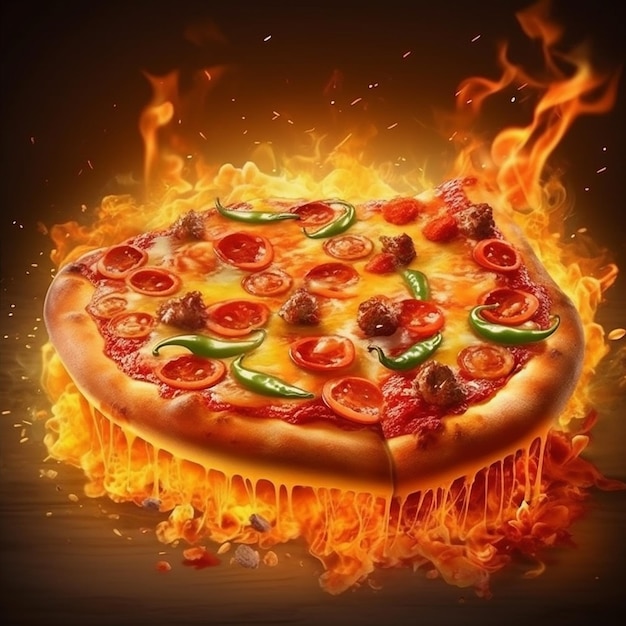 Hot pizza realistic illustration on fire background Generative AI