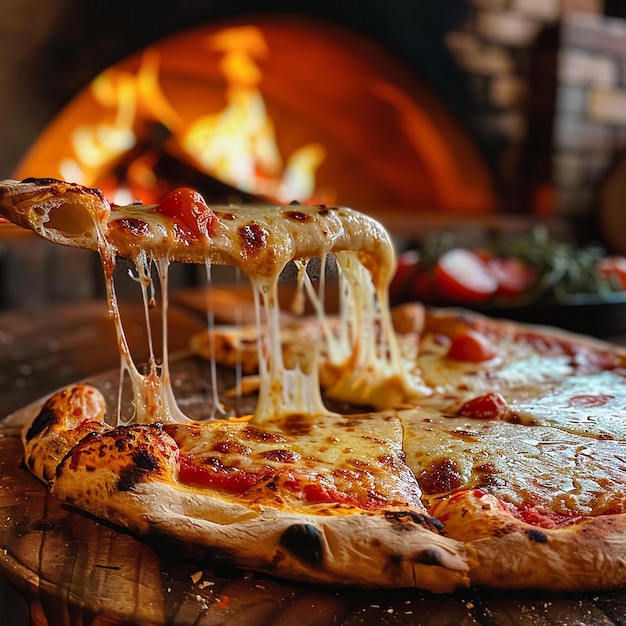 hot pizza slice with melting cheese from wood oven
