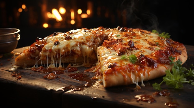 Кусок горячей пиццы с плавящимся сыром и деревом
