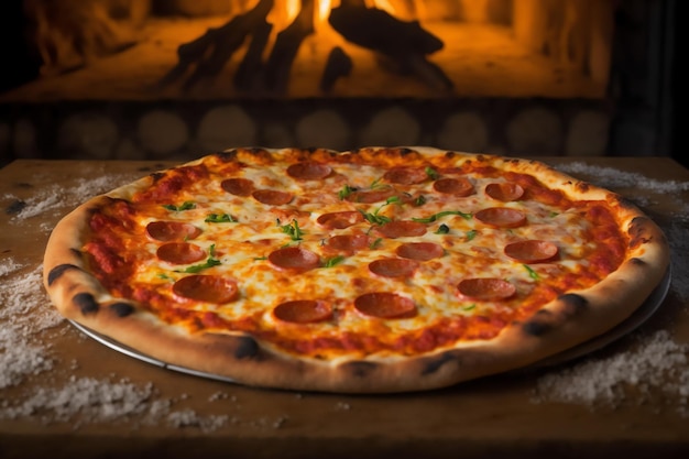 Hot pizza with pepperoni on a wooden table near the oven Generated by AI