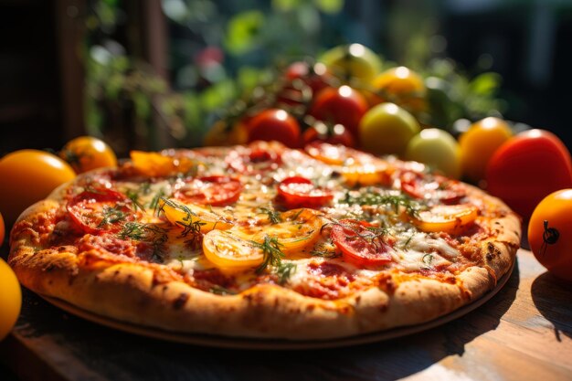 Hot pizza with sausage and tomatoes