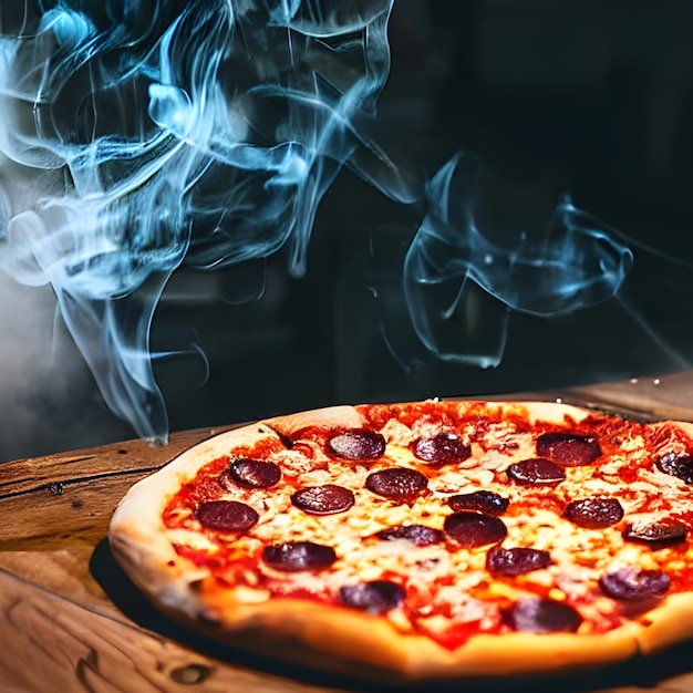 Hot pizza on Wooden Table and smoke rising behind it