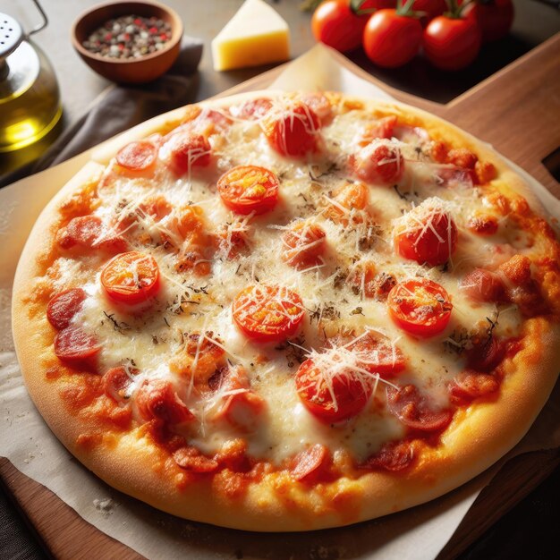 Hot pizza on wooden table ultra hd photo