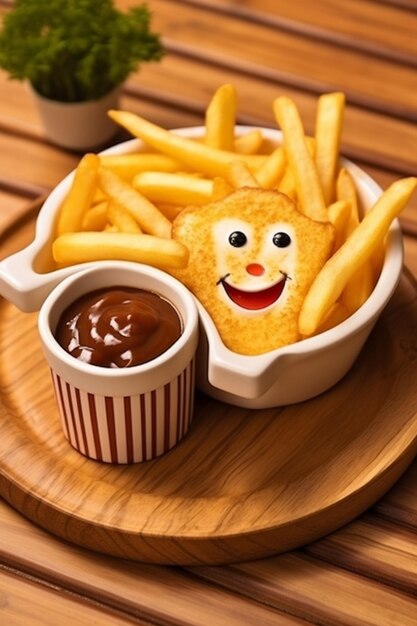 Hot potato fries in the form of smile Box for children potato pancakes Generative AI