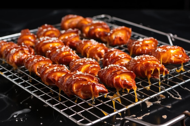 Hot pretzels cooling on a wire rack