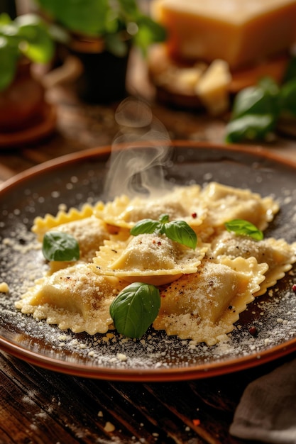 Foto pasta calda di ravioli cosparsa di formaggio parmigiano e foglie fresche di basilico servita su un piatto rustico