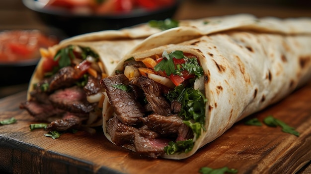 A hot and readytoeat wrap roll with fresh grilled donner or shawarma beef presented on a wide banner with a copy space area This stock photo is perfect for designing projects