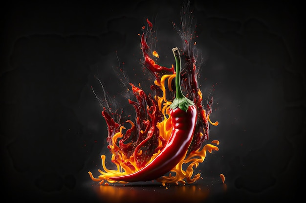 Горячий красный перец крупным планом в горящем пламени на черном фоне, генеративный ИИ