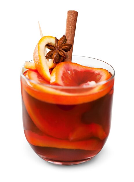 Hot red mulled wine for winter and Christmas with orange slice,