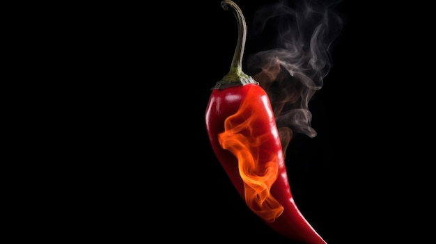 Foto peperoncino affumicato rosso caldo su sfondo nero generato dall'intelligenza artificiale