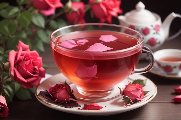 写真 テーブルの上の熱いバラの茶