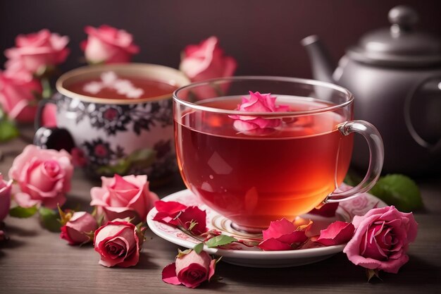 Photo hot rose tea on table