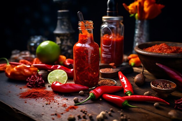 Hot sauce en andere ingrediënten op een houten tafel