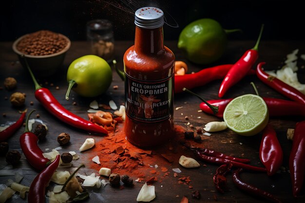 Foto hot sauce en andere ingrediënten op een houten tafel