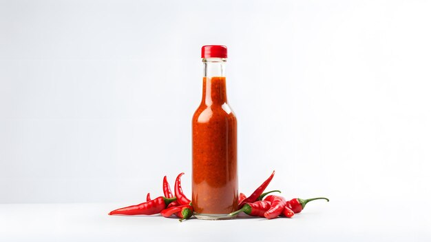 Foto hot sauce fles met veel rode chili pepers geïsoleerd op een witte achtergrond