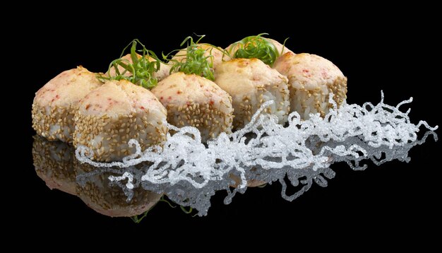 Hot sesame roll with salmon and cheese on glossy black background