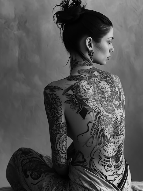 Горячая сексуальная татуированная девушка в модном стиле фотосессия позирует на обложке журнала моды с чернилами на всем теле
