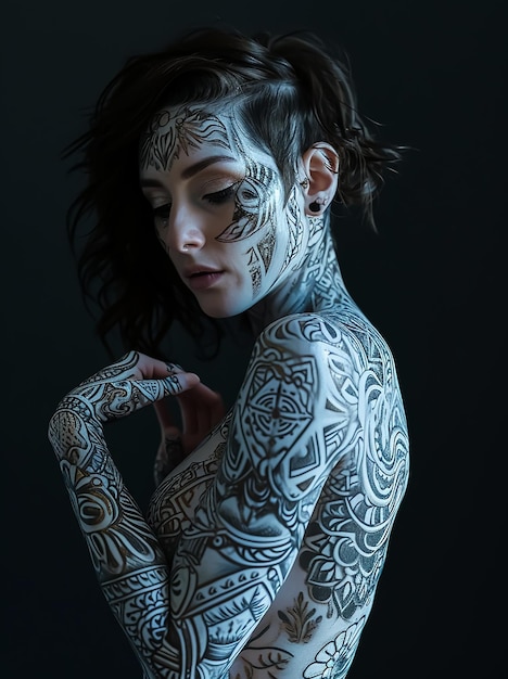 Hot Sexy Tattoo Girl in fashion style photo session pose fashion magazine cover full body inked