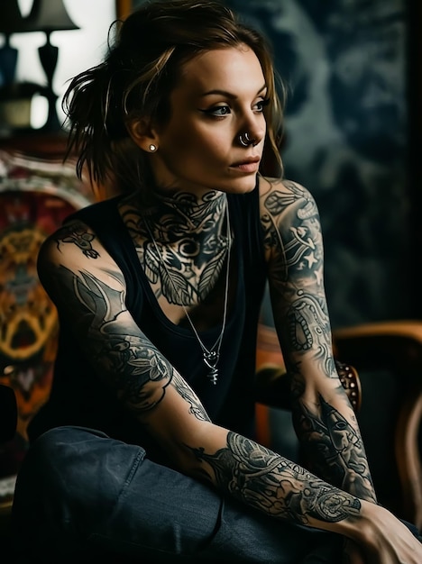 Hot Sexy Tattoo Girl in fashion style photo session pose fashion magazine cover full body inked