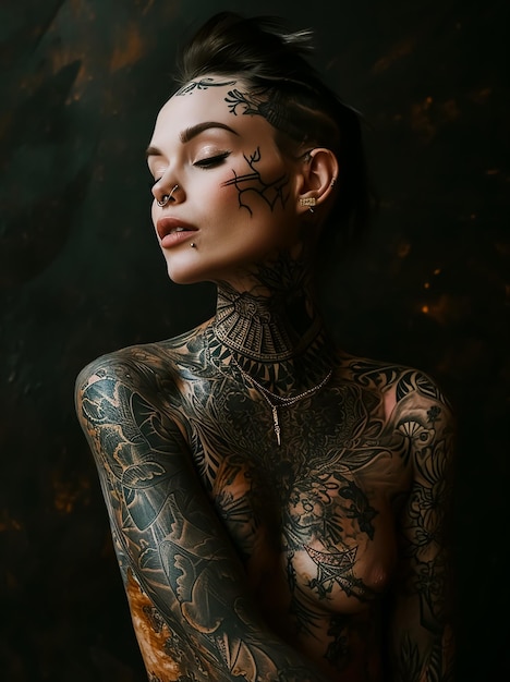 Photo hot sexy tattoo girl in fashion style photo session pose fashion magazine cover full body inked