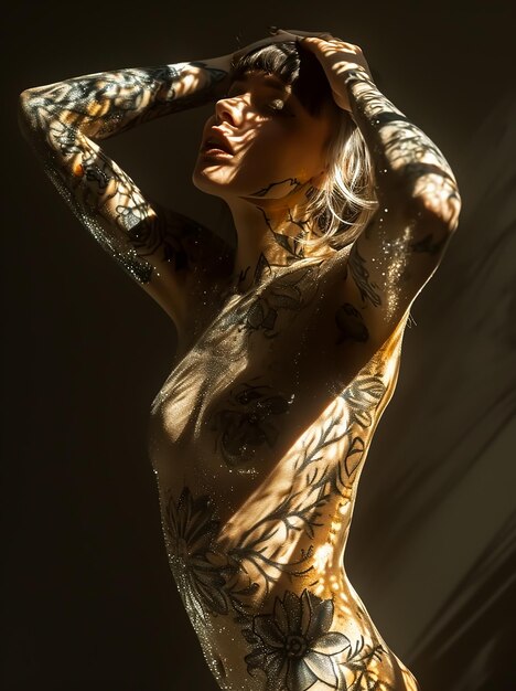 Foto hot sexy tattoo girl in mode stijl fotosessie poseert mode tijdschrift cover full body inkt