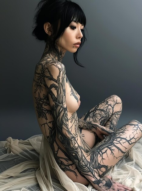 Hot Sexy Tattoo Girl in mode stijl fotosessie poseert mode tijdschrift cover full body inkt
