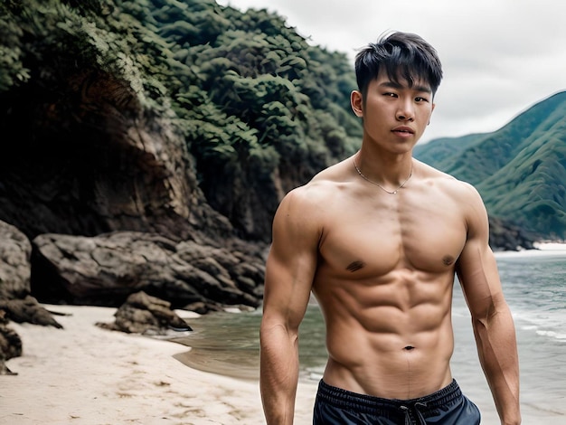 Hot Shirtless Muscular Asian Guy in A Beach Valley Vacations Portrait