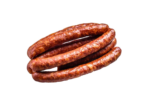 Hot Smoked sausages on a rustic table Isolated on white background