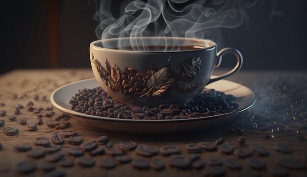 Hot smoking cup of black coffee with coffee beans on a desk Photography AI Generated Image